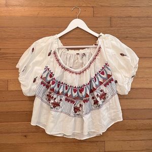 Free People Embroidered Puff Sleeve Blouse White Size XS